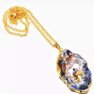 18kt GP925 Druzy Geode Slice Pendant 18" Chain